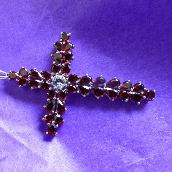 7.49CTS GARNET & WHITE TOPAZ SS CROSS PENDANT GOTH VICTORIAN LE 40 - Picture 7 of 9
